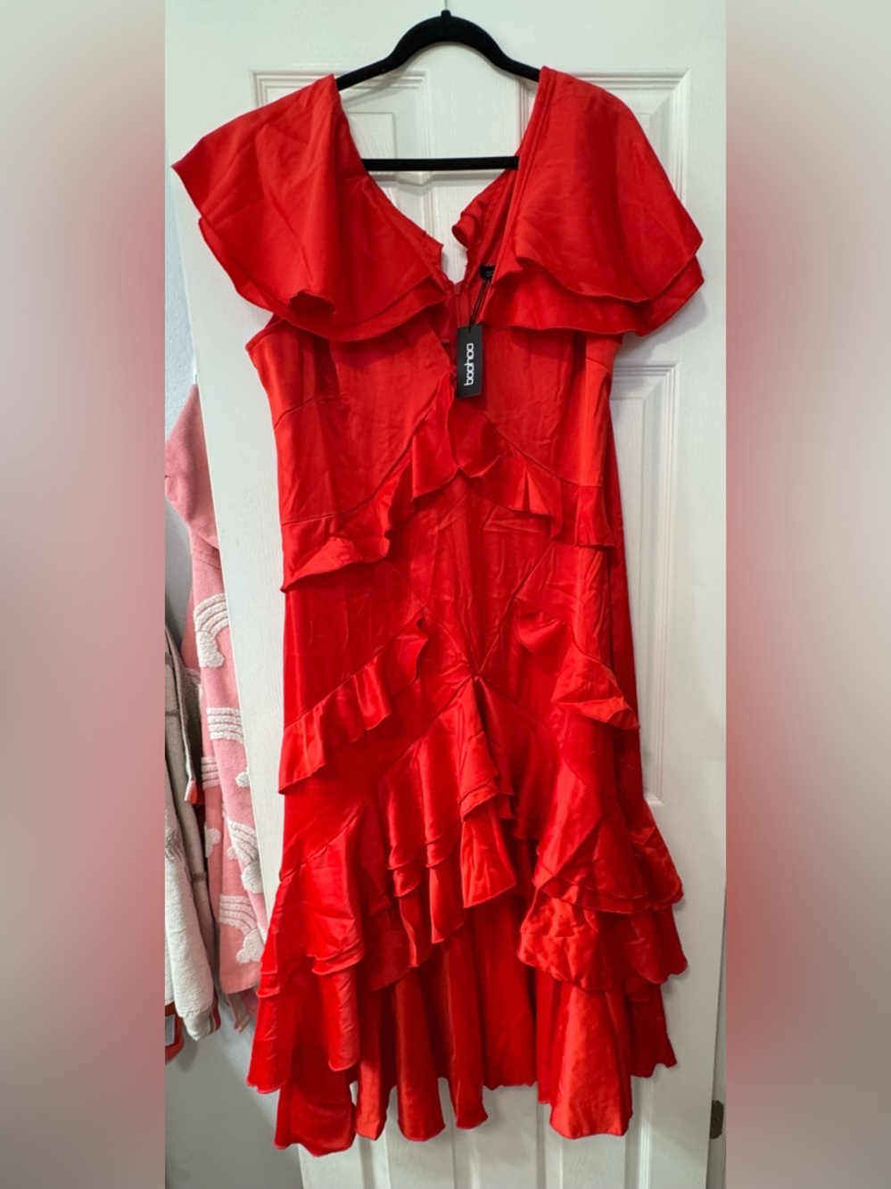 Boohoo Red Ruffle Midi Dress